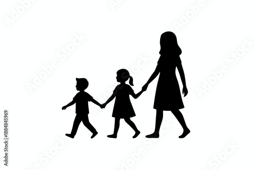 Family Walk, Mother and Children, Urban Setting, Silhouette Art, Outdoor Environment, Side View, Connection and Togetherness