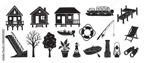 Collection of black hand-drawn silhouette icons depicting lake house life with cabins, boats, a fishing rod, and other outdoor recreation elements in a rustic woodcut style