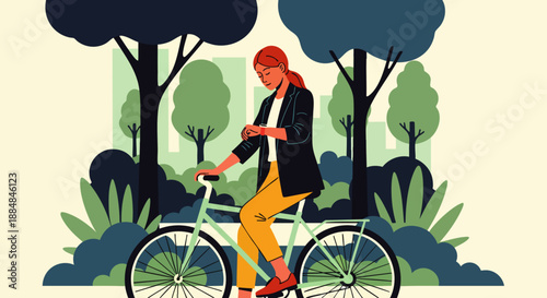 Young woman commuting by bicycle in a city park, checking her smartwatch, promoting sustainable urban lifestyle and eco-friendly transportation.