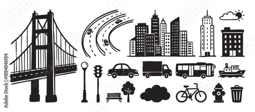 Collection of hand-drawn city life icons featuring a suspension bridge, skyline, vehicles, and street elements in a simple black and white doodle illustration style