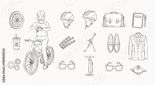 Hand-drawn illustration of a cyclist and various cycling accessories, including helmets, shoes, and a briefcase