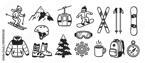 Set of hand-drawn winter sport icons featuring a skier, snowboarder, gondola, mountains, and equipment in a simple black and white doodle style for seasonal recreation