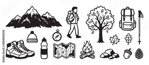 Set of hand-drawn hiking icons including a mountain, hiker, backpack, map, and campfire in a simple black and white doodle style for outdoor adventure and travel concepts