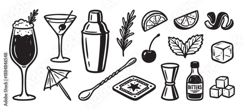 Collection of hand drawn cocktail icons including a shaker, bar spoon, jigger, bitters, and glassware with garnishes like citrus, mint, and cherry in a monochrome doodle style