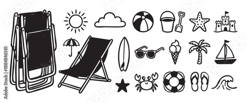Set of hand-drawn summer beach icons featuring a deckchair, surfboard, sandcastle, palm tree, and sun in a simple black and white doodle style illustration