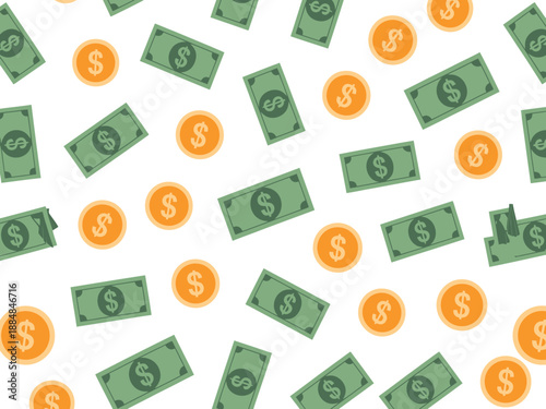 A colorful illustration of dollar bills and coins scattered on a white background, symbolizing wealth and finance.