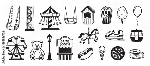 Hand-drawn amusement park and carnival icon set with a ferris wheel, carousel, teddy bear prize, popcorn, and hot dog in a charming black and white sketch illustration