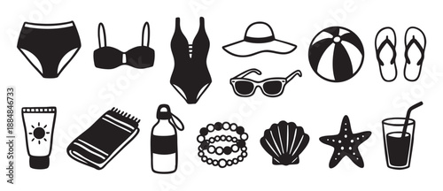 Set of black summer beach icons featuring a swimsuit, sunglasses, hat, and other vacation accessories in a simple hand-drawn doodle style illustration for travel concepts
