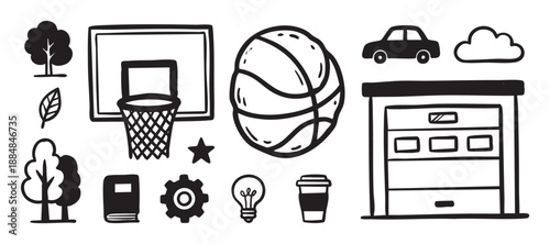 Hand-drawn black and white doodle icons set featuring a basketball, car, garage, tree, and other everyday objects in a simple, minimalist sketch style for creative design projects