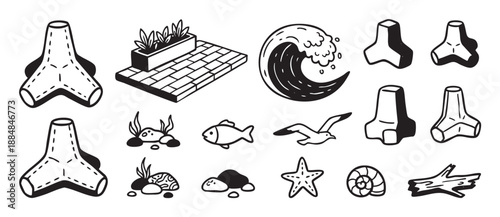 Collection of black and white seaside illustrations featuring concrete tetrapods, an ocean wave, seagull, starfish, and other nautical elements in a simple line art style