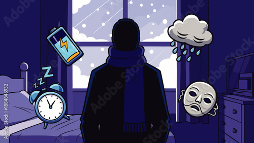 Conceptual illustration of seasonal affective disorder (SAD) and winter depression, showing a person with low energy, sleep issues, and melancholy.