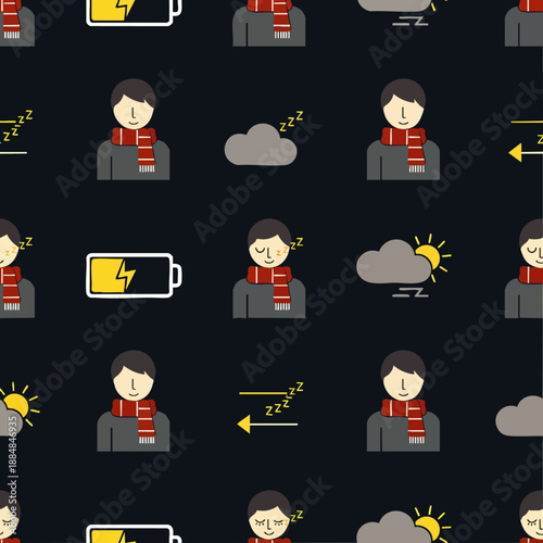 Seamless pattern of icons representing energy, sleep, and weather on a dark background, vector illustration
