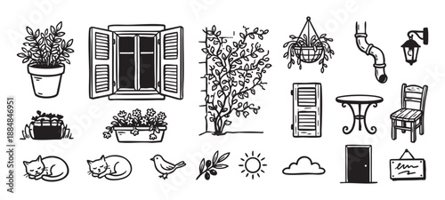 Collection of hand-drawn black ink icons featuring cozy home and garden elements like a window, potted plants, sleeping cat, and outdoor furniture in a charming doodle style