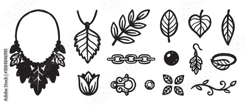Hand-drawn set of jewelry and nature icons featuring a leaf necklace, pendant, ring, earring, chain, and various botanical elements in a simple monochrome doodle sketch style