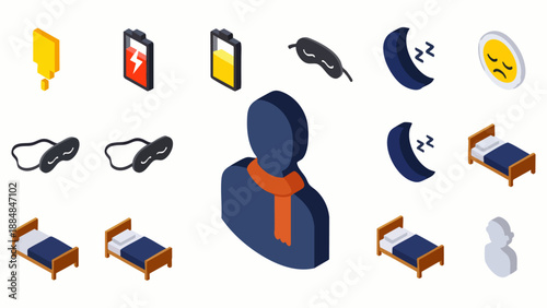 Isometric icons set for sleep, fatigue, and energy restoration, representing rest and recovery with beds and masks