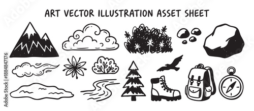 Hand-drawn black and white hiking icons set featuring mountains, clouds, a backpack, compass, and other nature elements in a simple doodle sketch vector illustration style for adventure