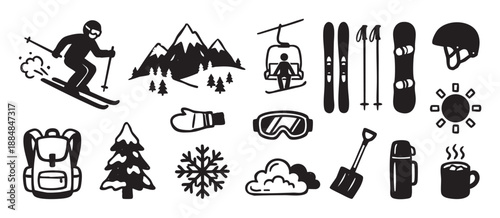 Collection of black hand-drawn winter sports and mountain vacation icons in a simple doodle style, featuring a skier, snowboard, chairlift, skis, goggles, and outdoor equipment