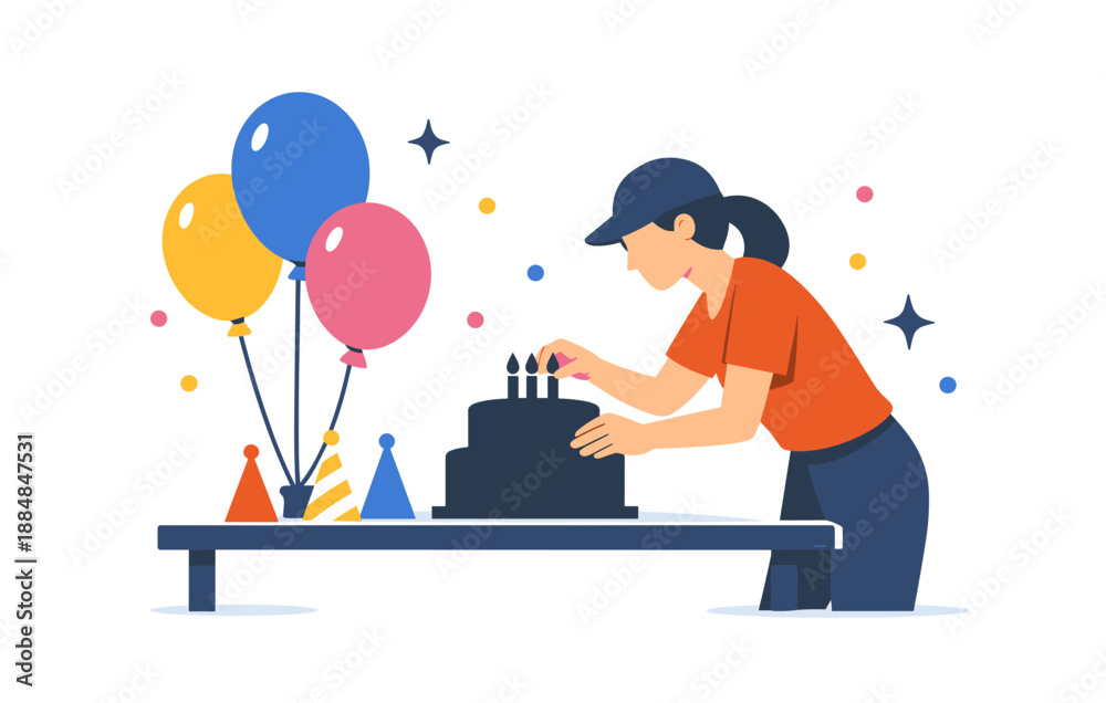 Naklejka premium Asian female adult decorating birthday cake with balloons and candles