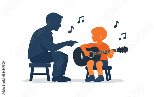 Adult teaching child guitar lessons with musical notes around, silhouette style