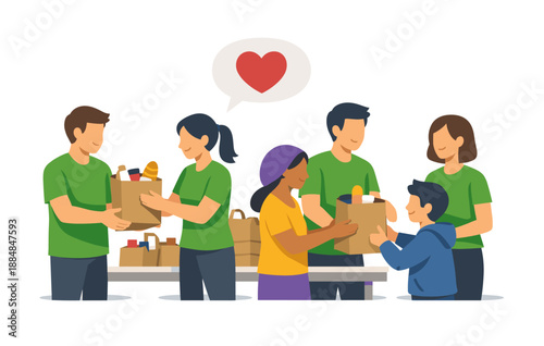 Community volunteers distributing food to diverse group at charity event