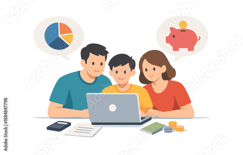 Family budget planning with laptop - parents and child saving money together