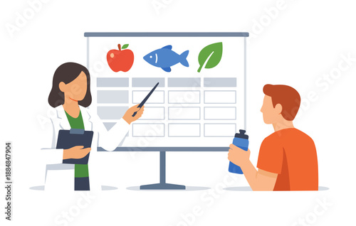 Female nutritionist advising male client on healthy food choices