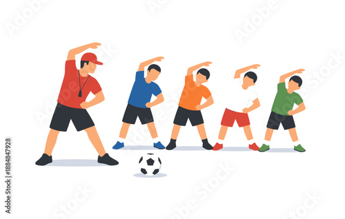 Male coach leading stretching exercise for young boys before soccer game