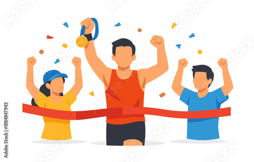 Male runner winning race with cheerful supporters and gold medal celebration