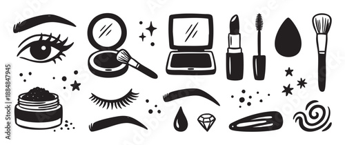 Set of hand-drawn makeup and cosmetic icons featuring lipstick, mascara, powder, brushes, eyelashes, and an eye in a simple black and white doodle style graphic illustration
