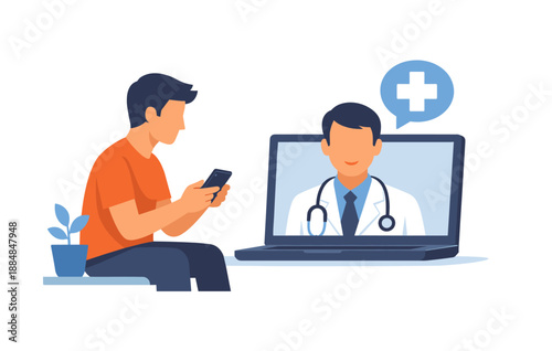 Young caucasian male engaging in telehealth session with doctor on laptop