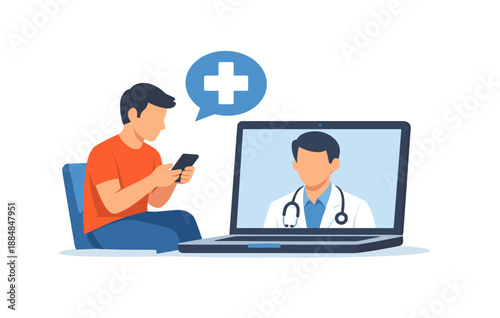 Young asian male using telemedicine on smartphone with caucasian doctor on laptop screen
