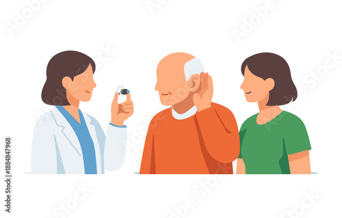 Elderly caucasian man with hearing aid assisted by female nurse and adult daughter