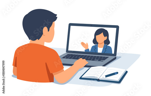 Male child engaging in online learning with female instructor on laptop