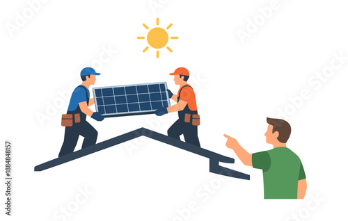 Workers installing solar panel on roof under sun supervision