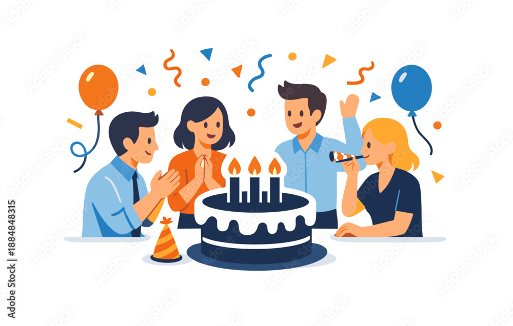 Fototapeta premium Young adults celebrating birthday with cake and balloons