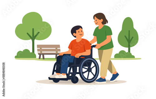 Young caucasian male in wheelchair assisted by female in park setting