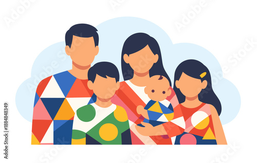 Diverse family portrait with geometric patterns and mixed ethnicities