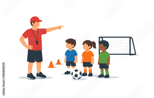 Diverse children engaged in soccer training with male coach guiding on field