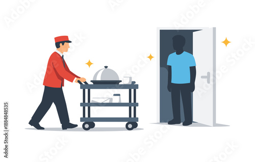 Hotel room service delivery with bellhop and guest interaction