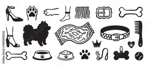 Collection of black and white dog-themed icons featuring a fluffy Pomeranian, collar, bone, paw print, and other pet care accessories in a simple hand-drawn doodle style illustration