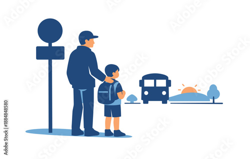 Father and son waiting for school bus at sunrise