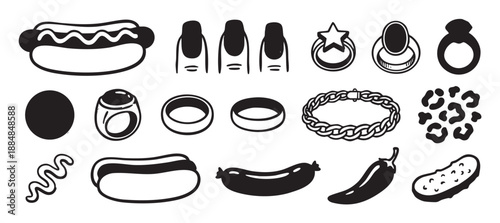 Set of black and white doodle icons featuring food and fashion accessories like a hot dog, rings, and a bracelet, drawn in a bold, graphic, hand-drawn cartoon style