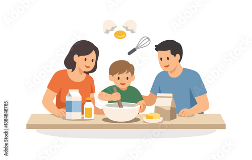 Family baking time with young caucasian child mixing ingredients