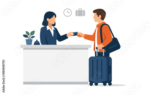Hotel check-in scene: male guest receiving key card from female receptionist