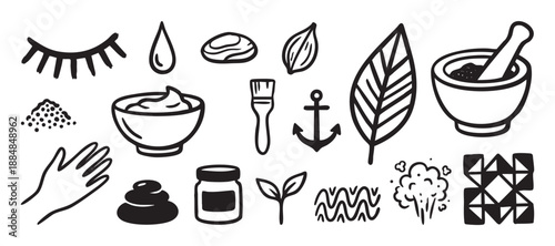 Set of hand-drawn black doodle icons for spa, beauty, and wellness themes, featuring a mortar, pestle, cream, leaf, eyelashes, and hot stones in a minimalist graphic style