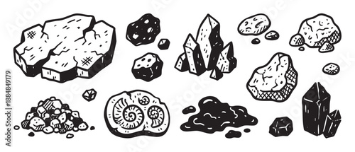 Hand-drawn collection of various geological elements including rocks, crystals, an ammonite fossil, meteorites, gravel, and tar in a rough, monochrome sketch art style