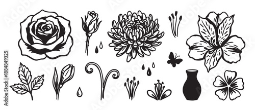 Set of black hand-drawn floral illustrations in a graphic stamp style, featuring a rose, chrysanthemum, lily, and various botanical elements like leaves, buds, and a vase