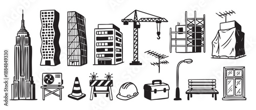 Hand-drawn city and construction doodle elements including skyscrapers, a tower crane, a hard hat, and a toolbox in a black and white sketchy illustration style