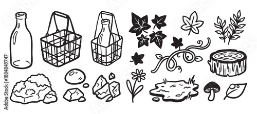 Collection of hand-drawn black and white illustrations featuring various nature and rustic elements like a milk bottle, wire basket, tree stump, leaves, rocks, and a mushroom