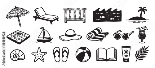 Hand-drawn black and white summer beach icons set with a palm tree, sailboat, sunglasses, and cocktail in a simple doodle sketch illustration style for vacation concepts